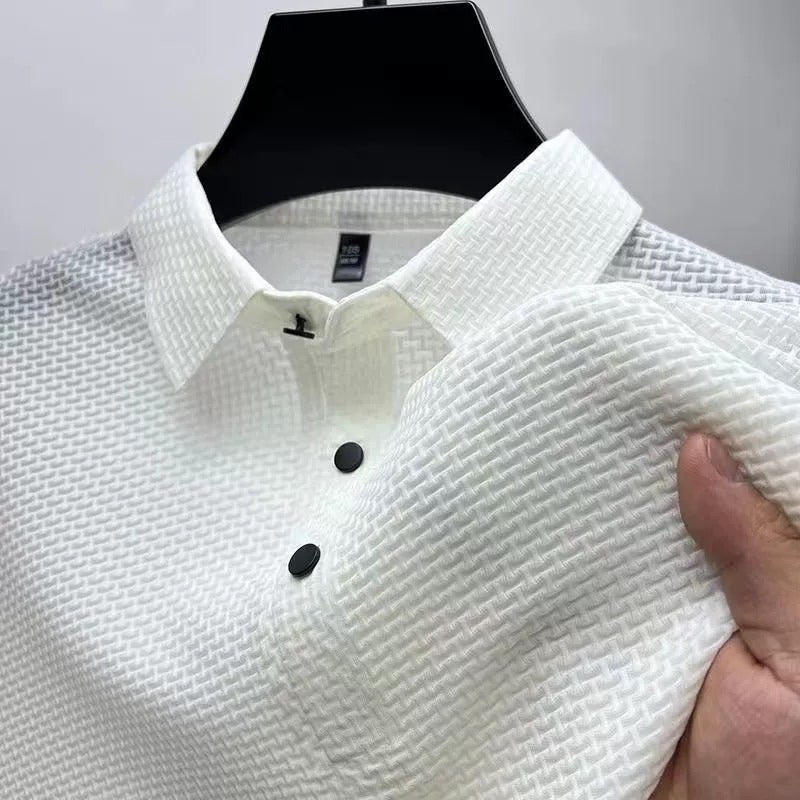 Summer Polo Shirt Short-Sleeved T-Shirt Men'S New Bamboo Jacquard Mesh Ice Silk Lapel Pure Color Simple Shirt Top - Image 3