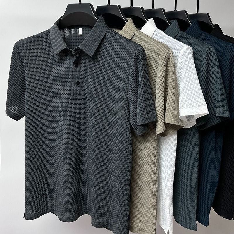 Summer Polo Shirt Short-Sleeved T-Shirt Men'S New Bamboo Jacquard Mesh Ice Silk Lapel Pure Color Simple Shirt Top - Image 4