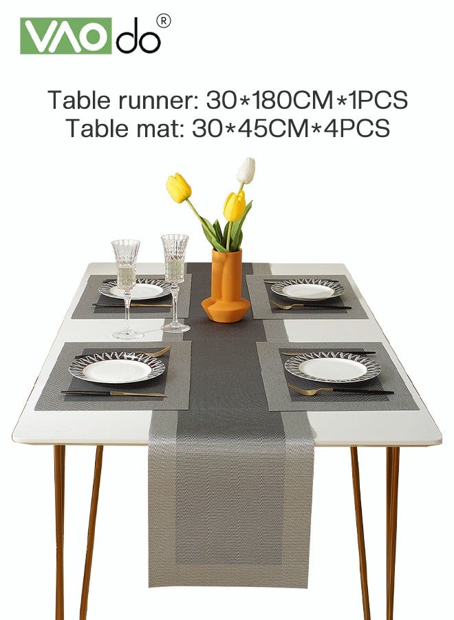 VAOdo 5PCS Table Runner and Table Mat Set, Oil-proof Waterproof Tablecloths, Weave PVC Table Decoration 1 Table Runner and 4 Table Mats Grey - Image 2