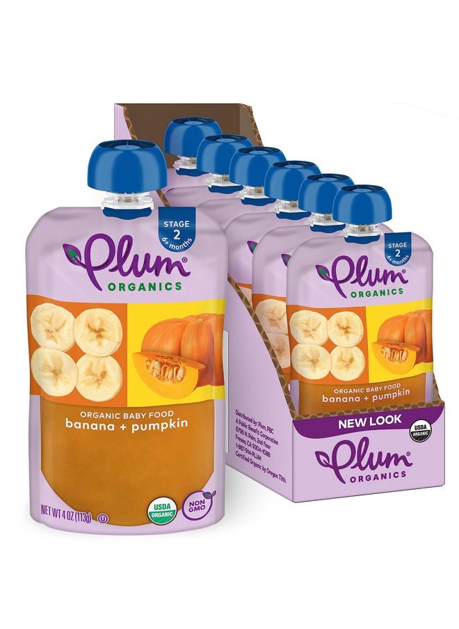 بلام أورجانيكس طعام الأطفال العضوي من Plum Organics المرحلة 2 - الموز واليقطين - كيس 4 أونصة (عبوة من 6 قطع) - كيس طعام الأطفال العضوي من الفواكه والخضروات  - Image 1