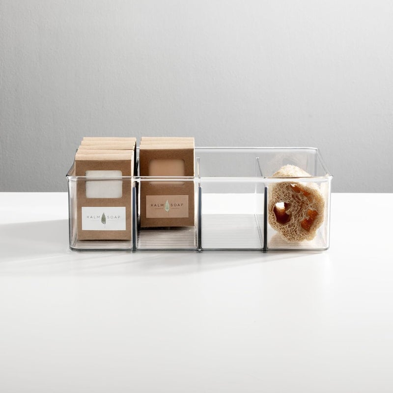 mDesign صندوق تنظيم تخزين الحمام البلاستيكي من mDesign مع 4 أقسام مقسمة للخزائن والرفوف والأسطح والمطبخ وغرفة الغسيل - مجموعة Ligne - عبوة 2 - شفاف - Image 3
