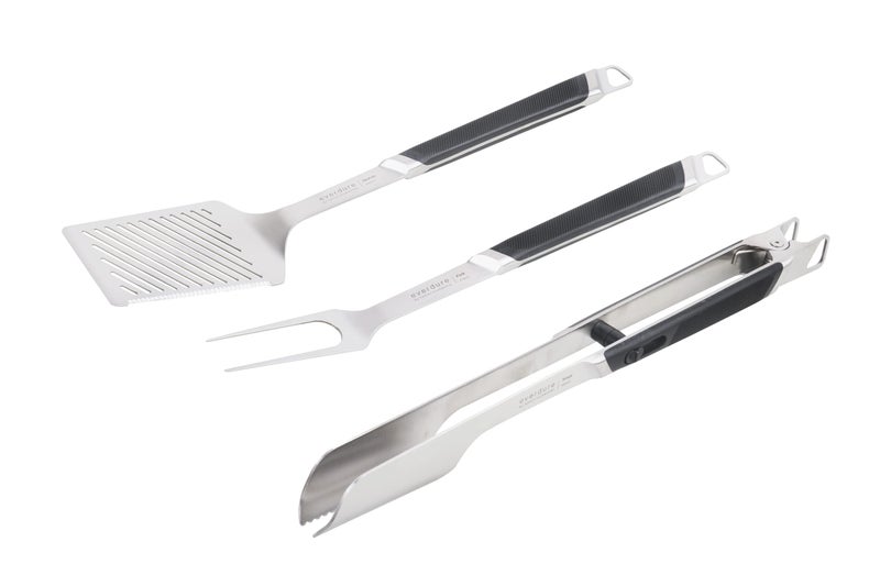 Everdure by Heston Blumenthal Premium Pack of 3 BBQ Tool Kit Brushed Stainless Steel Tongs Spatula and Fork with Soft Grip Handles and Hang Zone