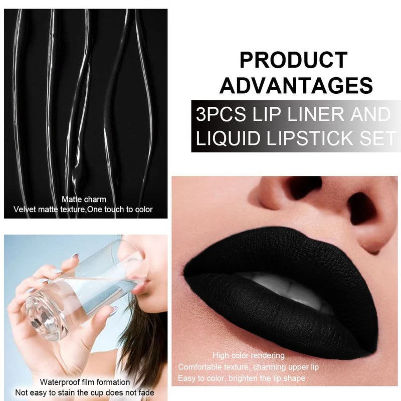 evpct 3Pcs Dark Black Purple Royal Blue Matte Lip Liner and Liquid Lipstick Lip Stain Makeup Set Smudge Proof, 24 Hours Original Long Lasting Matte Lipstick Waterproof labial mate larga duracion 24 - Image 5