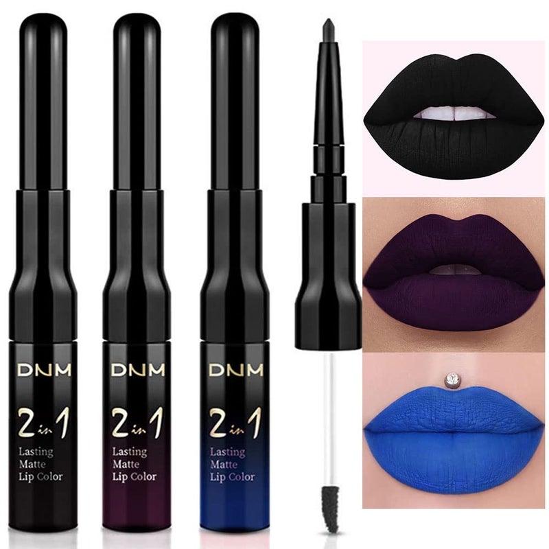 evpct 3Pcs Dark Black Purple Royal Blue Matte Lip Liner and Liquid Lipstick Lip Stain Makeup Set Smudge Proof, 24 Hours Original Long Lasting Matte Lipstick Waterproof labial mate larga duracion 24 - Image 1