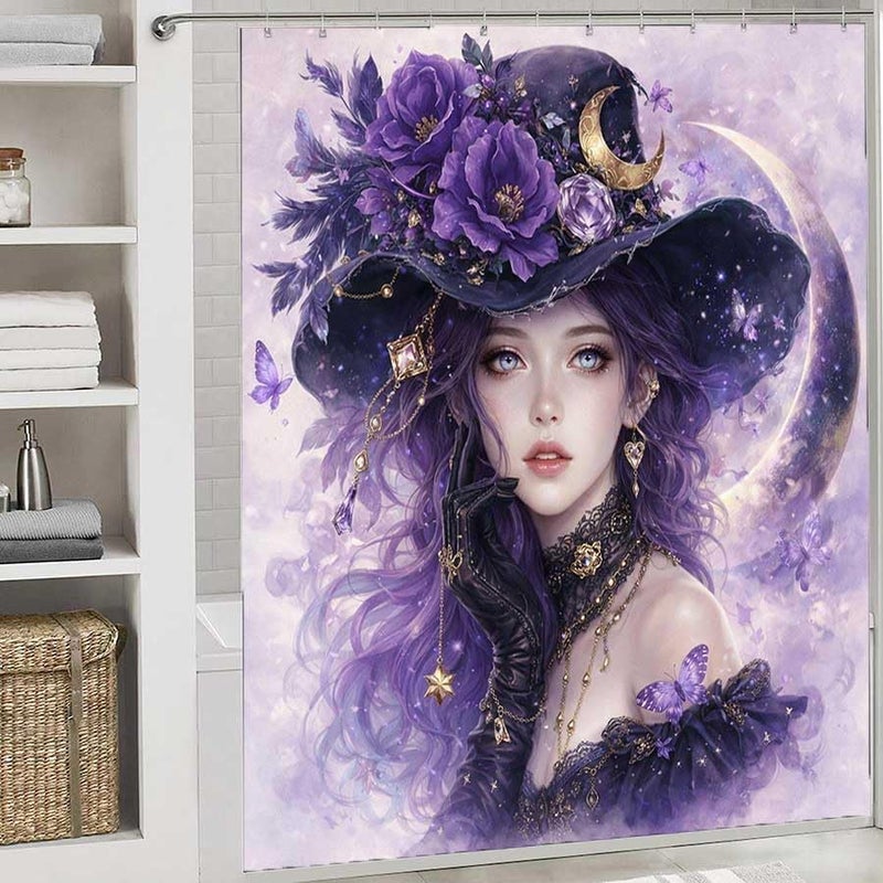 Witch with Purple Flowers and Moon in backgroundShower Curtain for Bathroom Waterproof Tan Shower Curtain with Hooks 71 inch x 71 inch - Image 2