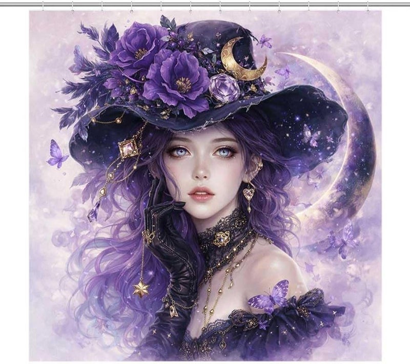 Witch with Purple Flowers and Moon in backgroundShower Curtain for Bathroom Waterproof Tan Shower Curtain with Hooks 71 inch x 71 inch - Image 1