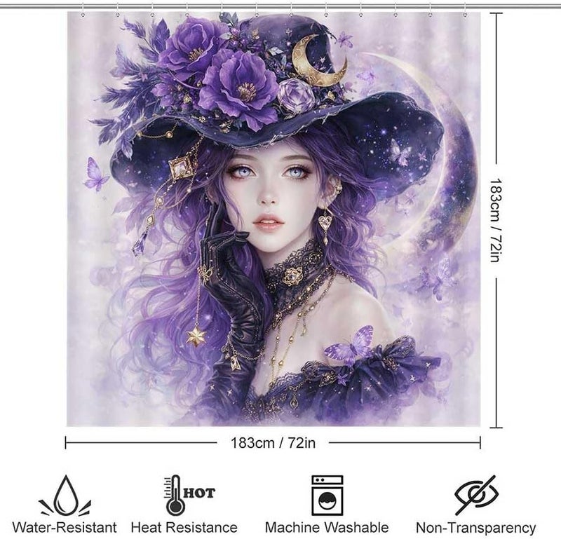 Witch with Purple Flowers and Moon in backgroundShower Curtain for Bathroom Waterproof Tan Shower Curtain with Hooks 71 inch x 71 inch - Image 3