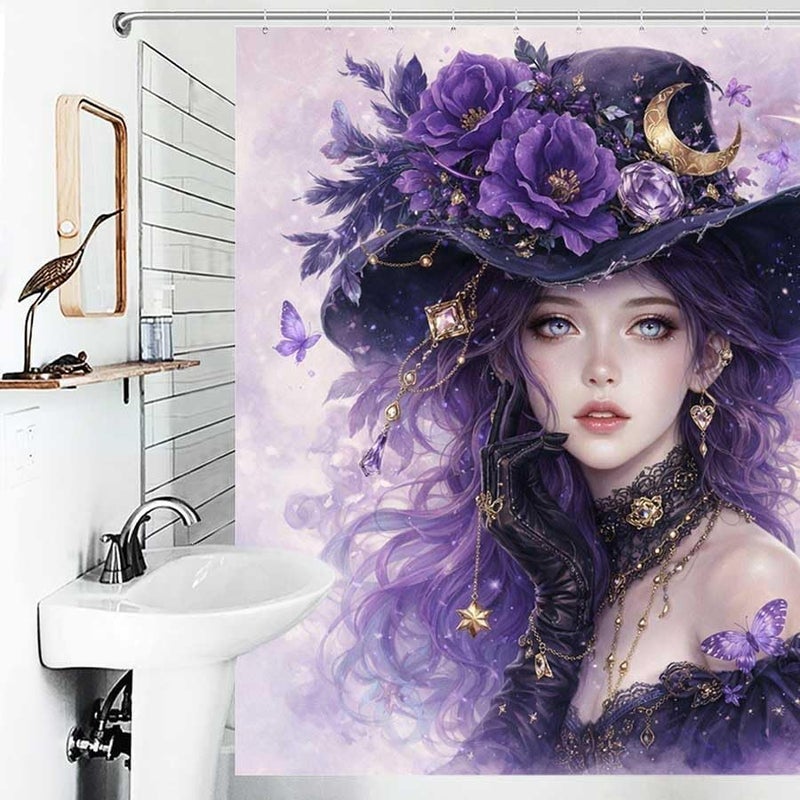 Witch with Purple Flowers and Moon in backgroundShower Curtain for Bathroom Waterproof Tan Shower Curtain with Hooks 71 inch x 71 inch - Image 4