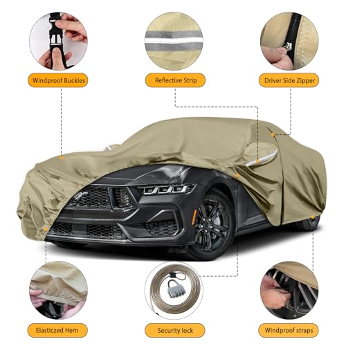 SPORTULI Waterproof Car Covers Replace for 1994-2025 Ford Mustang, Multilayer Heavy Duty with Cotton Liner All Weather Custom-fit Car Cover with Zipper Door, Windproof Bands for Snow Rain Dust Protection - Image 2