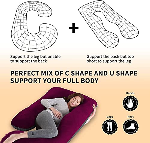 DADDY COOL Body Support J-Shaped Pregnancy Pillow for Maternity & Baby Nursing | Pregnant Women Stomach, Hip, Spine, Neck & Support Cushion Velvet Outer Reversible Cover with Zip (Wine, Grey) - Image 5