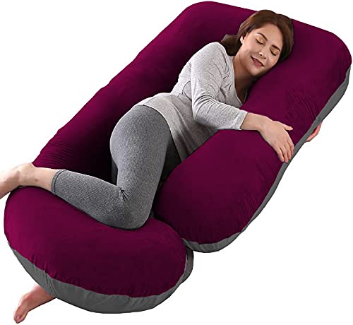 DADDY COOL Body Support J-Shaped Pregnancy Pillow for Maternity & Baby Nursing | Pregnant Women Stomach, Hip, Spine, Neck & Support Cushion Velvet Outer Reversible Cover with Zip (Wine, Grey) - Image 1
