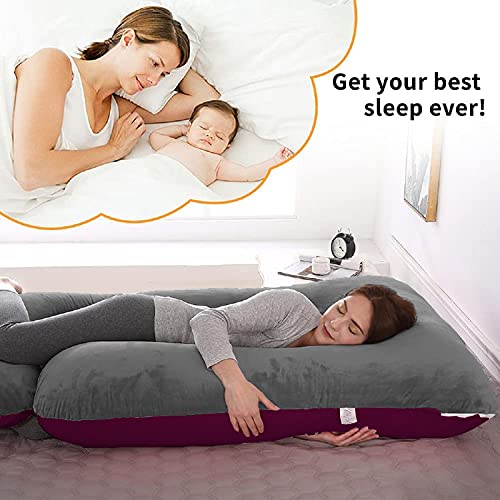 DADDY COOL Body Support J-Shaped Pregnancy Pillow for Maternity & Baby Nursing | Pregnant Women Stomach, Hip, Spine, Neck & Support Cushion Velvet Outer Reversible Cover with Zip (Wine, Grey) - Image 3
