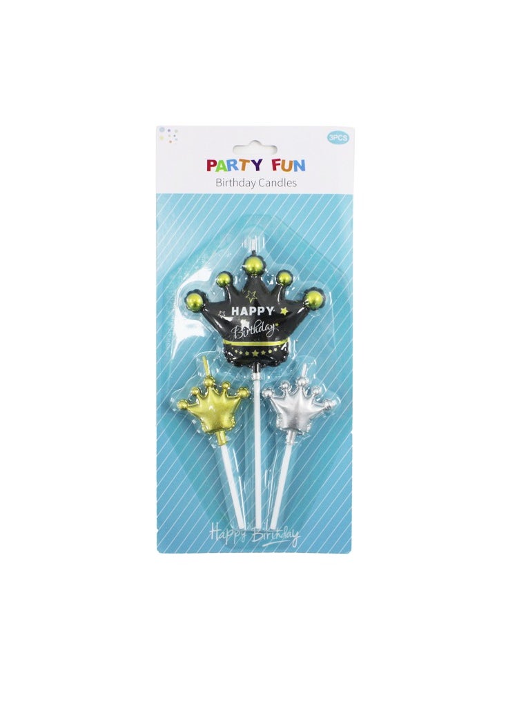 PARTY FUN شمعة تاج عيد ميلاد سعيد، 3 قطع، لون أسود، أناقة ملكية للكعكات الاحتفالية 