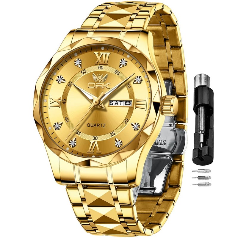 OPK Watches for Men Gold Diamond Roman Analog Mens Watches Waterproof Large Stainless Steel Men Wrist Watch Business Father Gift Watch - Image 1