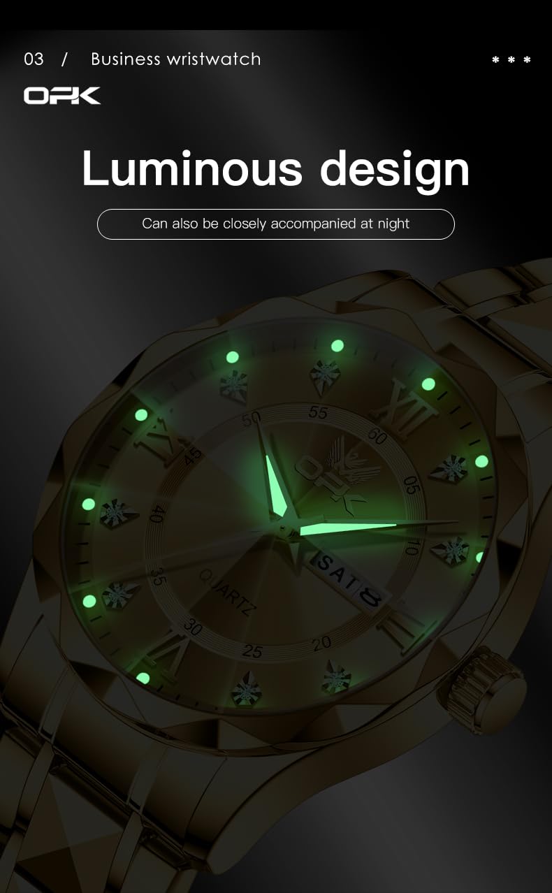 OPK Watches for Men Gold Diamond Roman Analog Mens Watches Waterproof Large Stainless Steel Men Wrist Watch Business Father Gift Watch - Image 5