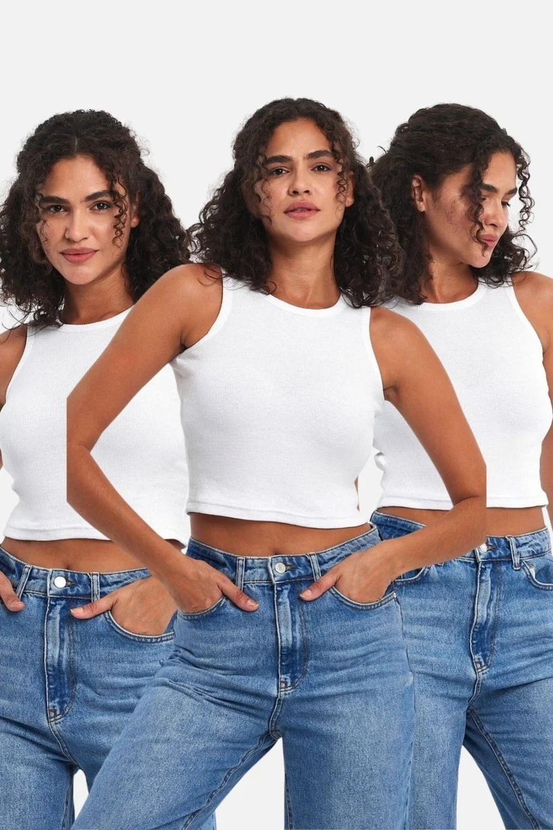 ميتاليك Ribbed Black Crop Halter Neck Zero Sleeve Cotton 3-Pack Women's Undershirt