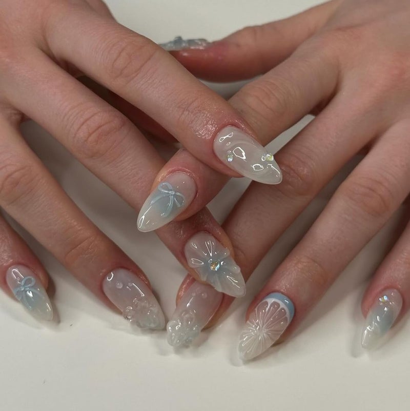 CTTHNBD Medium Press on Nails Almond Fake Nails with 3D Lemon Design Blue Ombre Full Cover Stick on False Nails for Women Manicure 24Pcs - Image 1