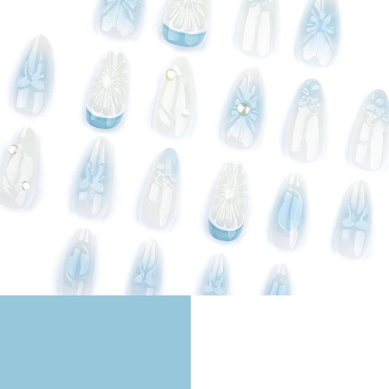 CTTHNBD Medium Press on Nails Almond Fake Nails with 3D Lemon Design Blue Ombre Full Cover Stick on False Nails for Women Manicure 24Pcs - Image 4