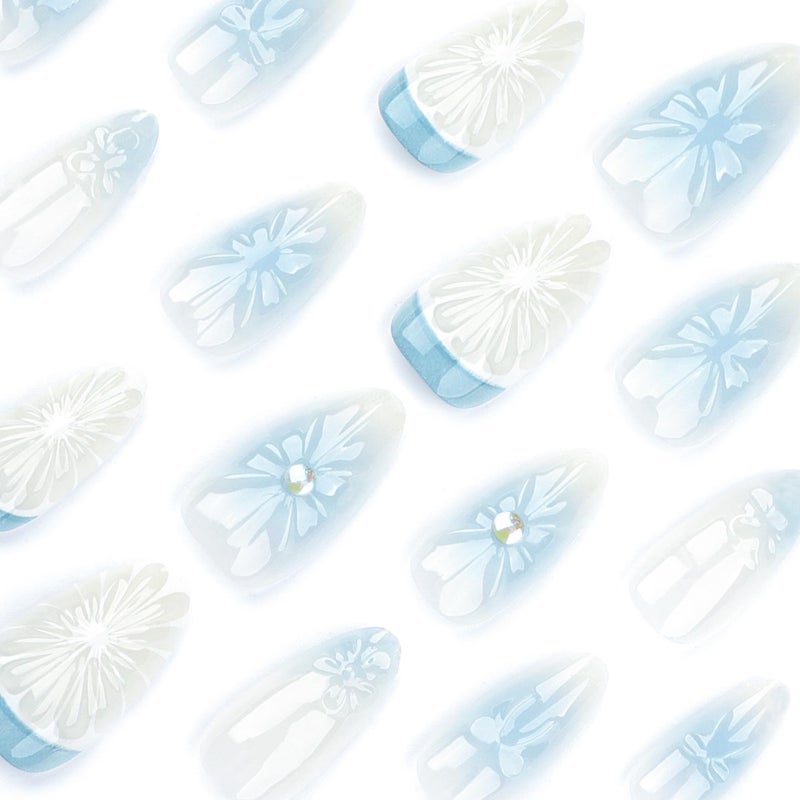 CTTHNBD Medium Press on Nails Almond Fake Nails with 3D Lemon Design Blue Ombre Full Cover Stick on False Nails for Women Manicure 24Pcs - Image 3