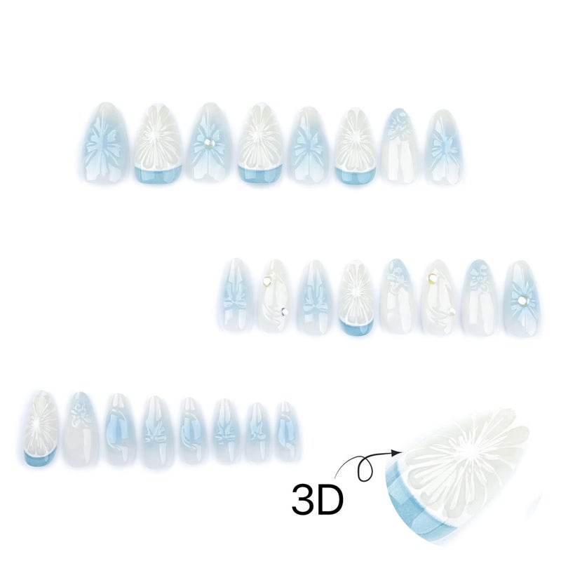 CTTHNBD Medium Press on Nails Almond Fake Nails with 3D Lemon Design Blue Ombre Full Cover Stick on False Nails for Women Manicure 24Pcs - Image 2