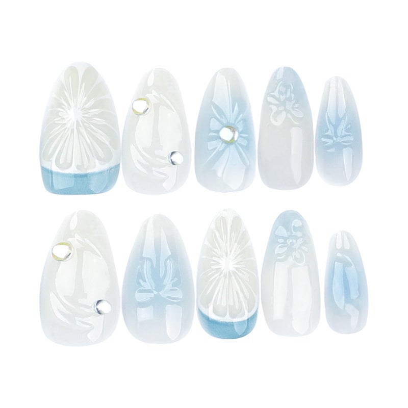 CTTHNBD Medium Press on Nails Almond Fake Nails with 3D Lemon Design Blue Ombre Full Cover Stick on False Nails for Women Manicure 24Pcs - Image 5