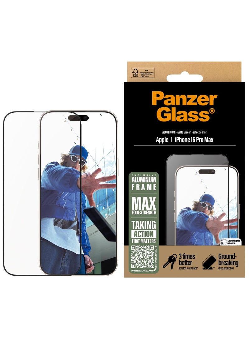 PanzerGlass حماية شاشة إطار الألمنيوم من بانزر جلاس® لهاتف آبل آيفون 16 برو ماكس، EasyAligner، زجاج مقسى، مقاومة عالية للخدوش، مقاومة للصدمات، إطار ألمنيوم أنيق - Image 1