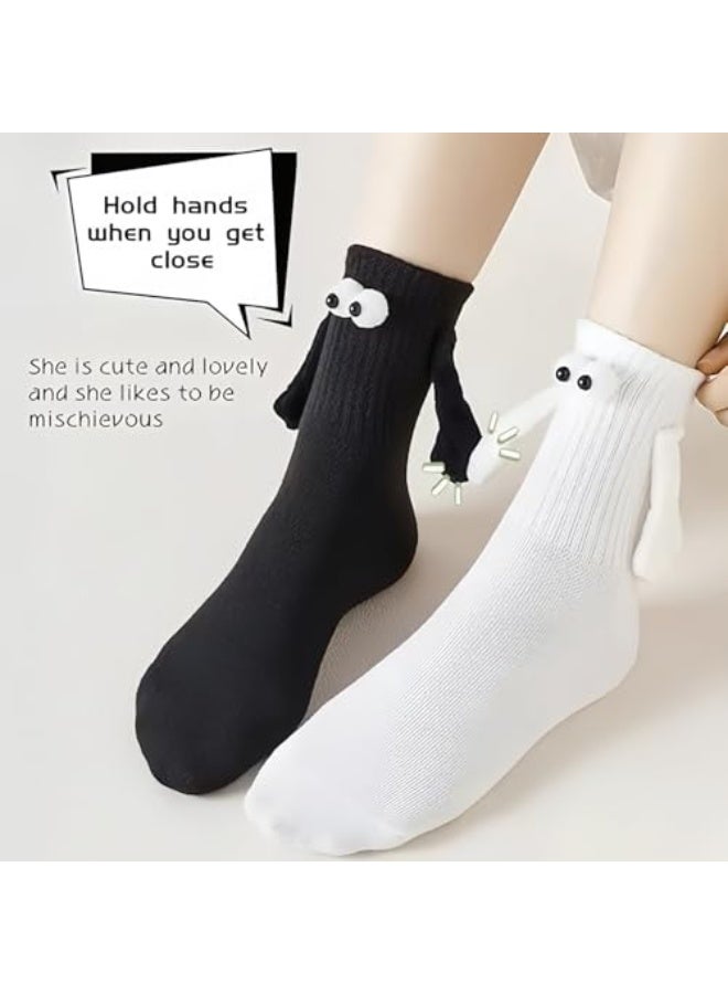 Mordely 2 Pairs Funny Magnetic Holding Hands Socks for Couples & Friends, Black and White Novelty Crew Socks with 3D Eyes and Arms, Cute Matching Gift Socks for Women and Men - Image 5