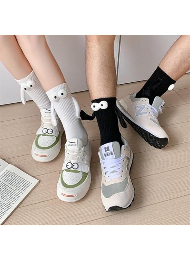 Mordely 2 Pairs Funny Magnetic Holding Hands Socks for Couples & Friends, Black and White Novelty Crew Socks with 3D Eyes and Arms, Cute Matching Gift Socks for Women and Men - Image 3