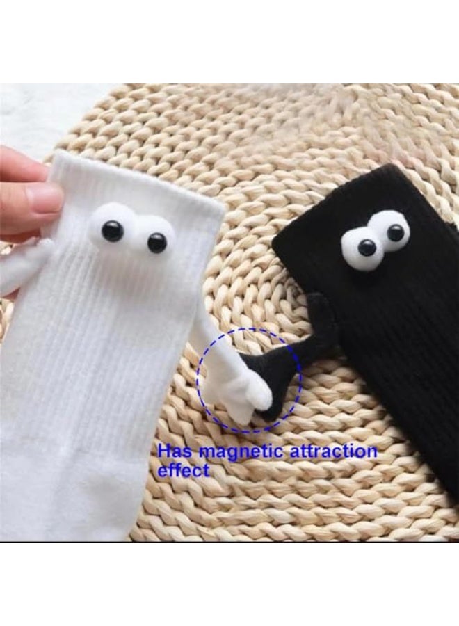 Mordely 2 Pairs Funny Magnetic Holding Hands Socks for Couples & Friends, Black and White Novelty Crew Socks with 3D Eyes and Arms, Cute Matching Gift Socks for Women and Men - Image 4