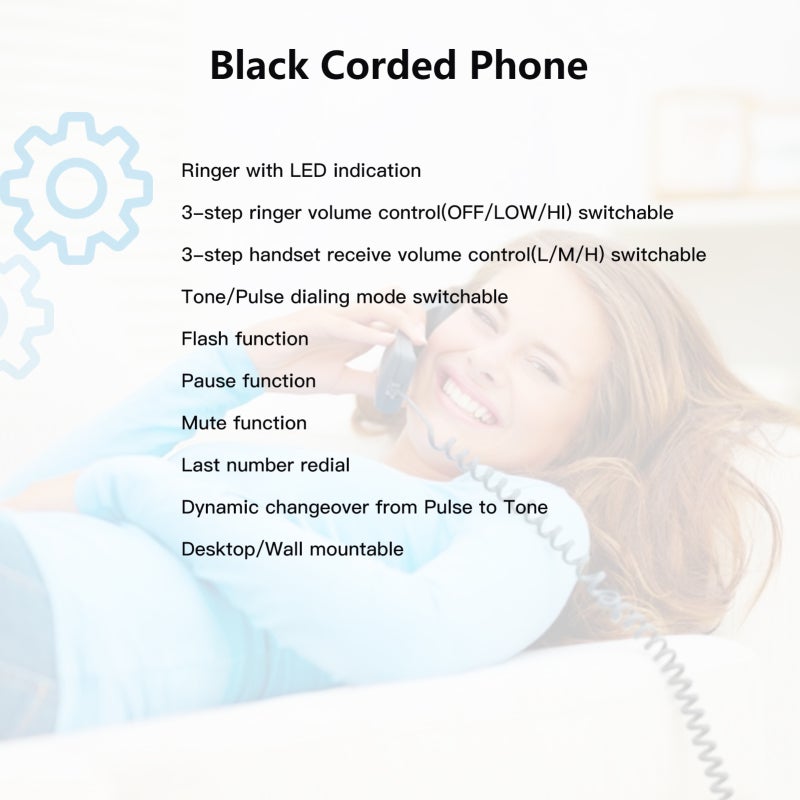 Black Corded Telephone: Adjustable Volume Ringer Control - Switchable Tone Pulse Dialing Last Number Redial for Home Office Hotel Use - Image 4