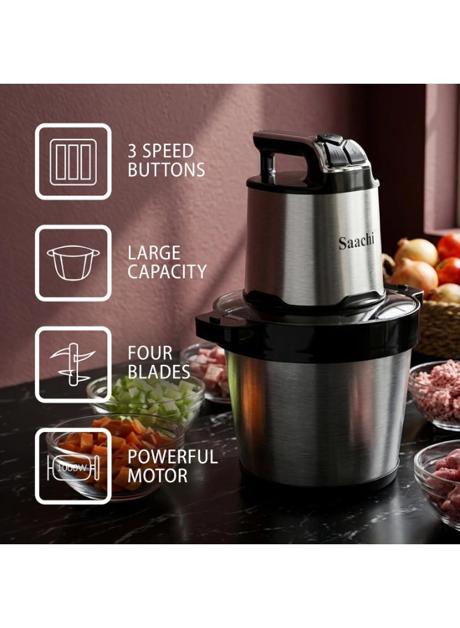 Sachi 8L Electric Chopper NL-CH-571-BK, 1000W Pure Copper Motor, Stainless Steel Bowl, Double Layer Blades, 3 Speed Control, Meat & Vegetable Chopper, Overheat Protection - Image 2