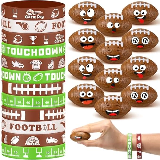 Seenelling 60Pcs Sports Party Favors Includes 30 Mini Face Stress Balls 30 Sports Silicone Wristbands Foam Funny Face Squeeze Ball for Anxiety Relief Birthday Party Supplies Classroom Gift(Football) - Image 1