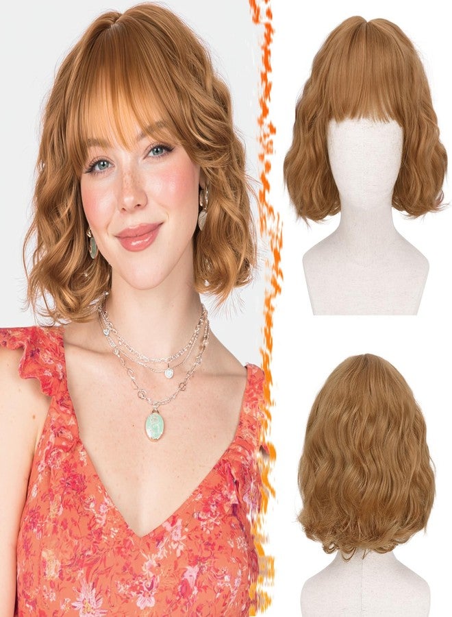 BARSDAR Natural Red Short Wavy Wig with Bangs - Short Wavy Ginger Auburn Wig for Women - Curly Wavy Textured French Bob Wigs with Bangs Soft Synthetic Natural Looking Face-Framing Daily - Image 1