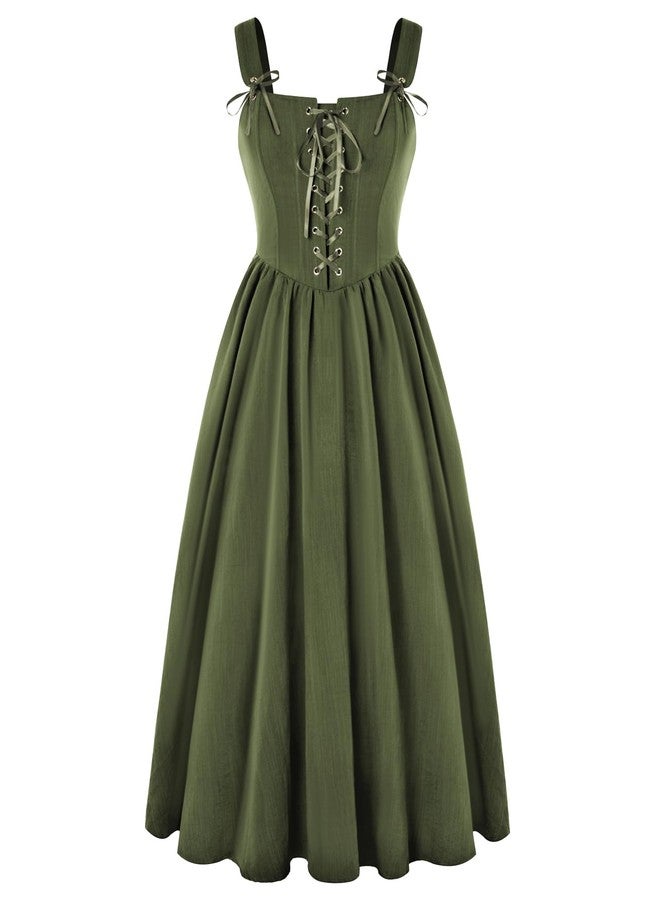Scarlet Darkness Renaissance Dress Women Lace Up Cottagecore Sleeveless Long Dress Medieval Costume, Olive Green, M - Image 1