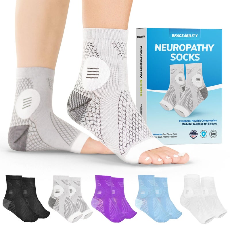 BraceAbility Neuropathy Socks Pair Peripheral Neuritis Compression Diabetic Toeless Foot Sleeves for Nerve Damage Pain in Feet Ankle Gout Plantar Fasciitis Relief Brace for Men and Women M Gray