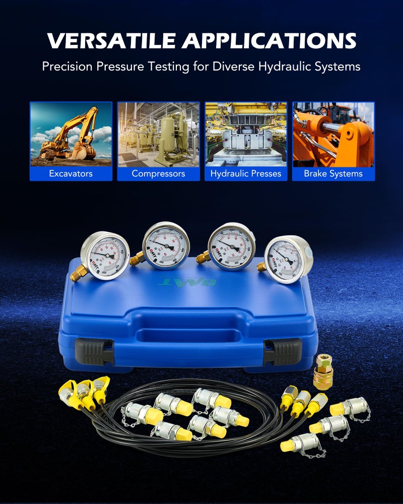 Orion Motor Tech Hydraulic Pressure Test Kit with 4 Gauges 1300 3500 5500 9000 psi, 9 Test Couplings, Quick Connector, & 3 Test Hoses, Hydraulic Gauge Kit for Excavator Construction Machinery - Image 3