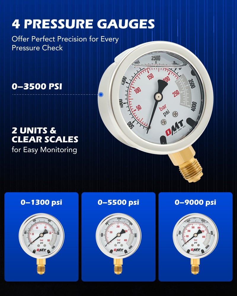 Orion Motor Tech Hydraulic Pressure Test Kit with 4 Gauges 1300 3500 5500 9000 psi, 9 Test Couplings, Quick Connector, & 3 Test Hoses, Hydraulic Gauge Kit for Excavator Construction Machinery - Image 4