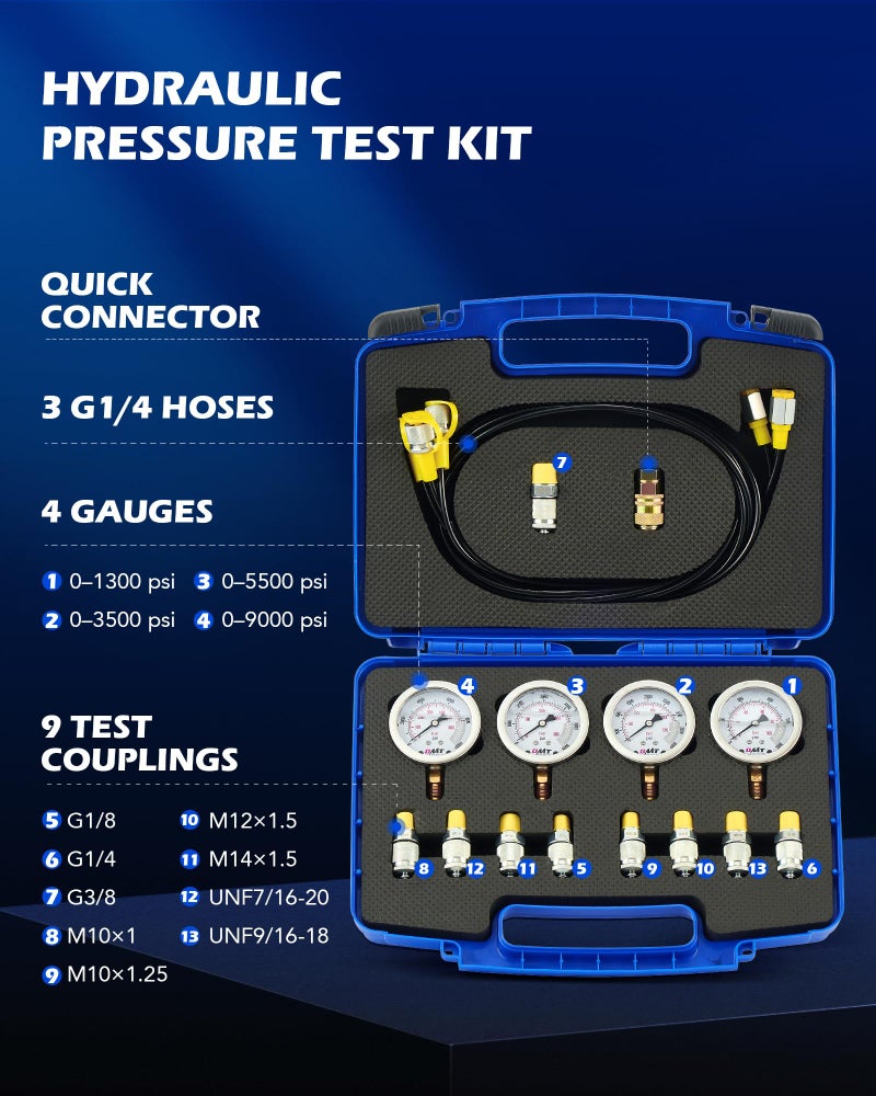 Orion Motor Tech Hydraulic Pressure Test Kit with 4 Gauges 1300 3500 5500 9000 psi, 9 Test Couplings, Quick Connector, & 3 Test Hoses, Hydraulic Gauge Kit for Excavator Construction Machinery - Image 2