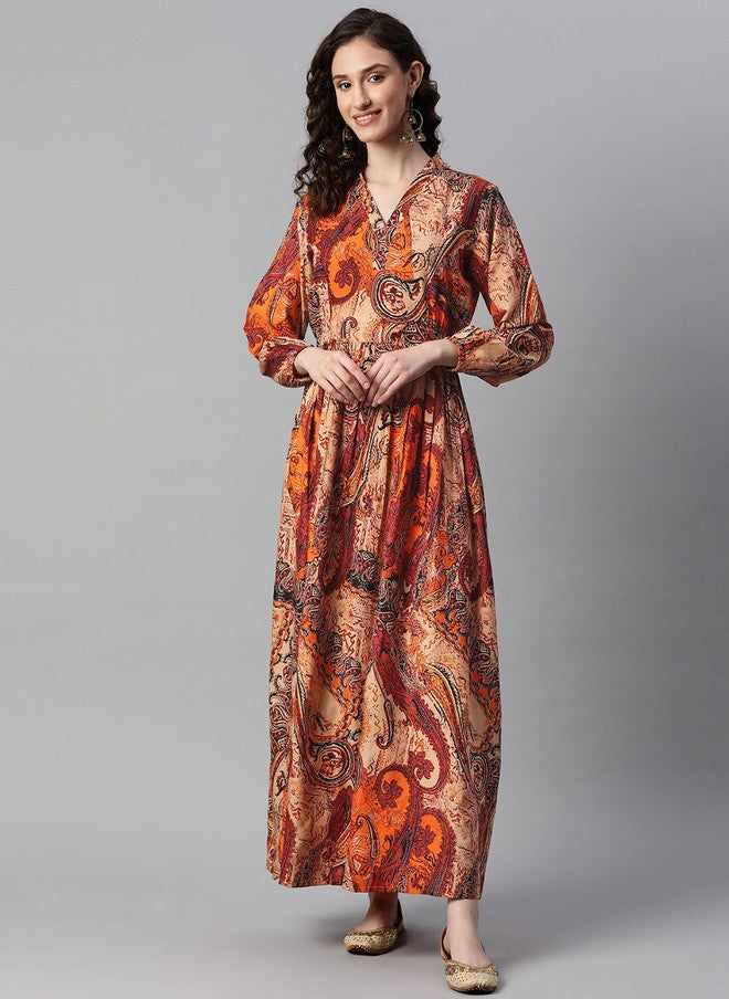 Indibelle Ethnic Motifs Printed Gathered Detailed Maxi Ethnic Dress - Image 1