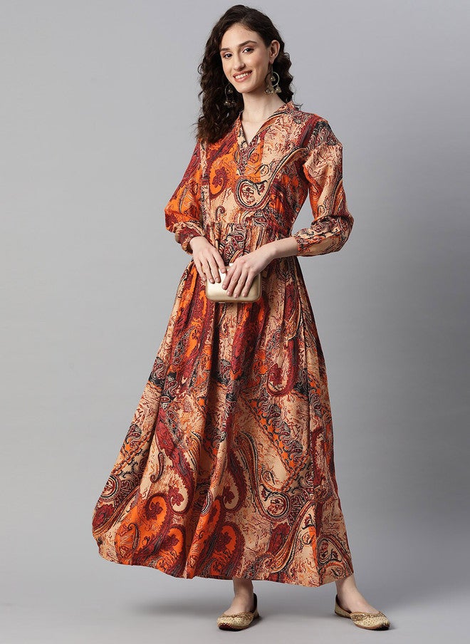 Indibelle Ethnic Motifs Printed Gathered Detailed Maxi Ethnic Dress - Image 5