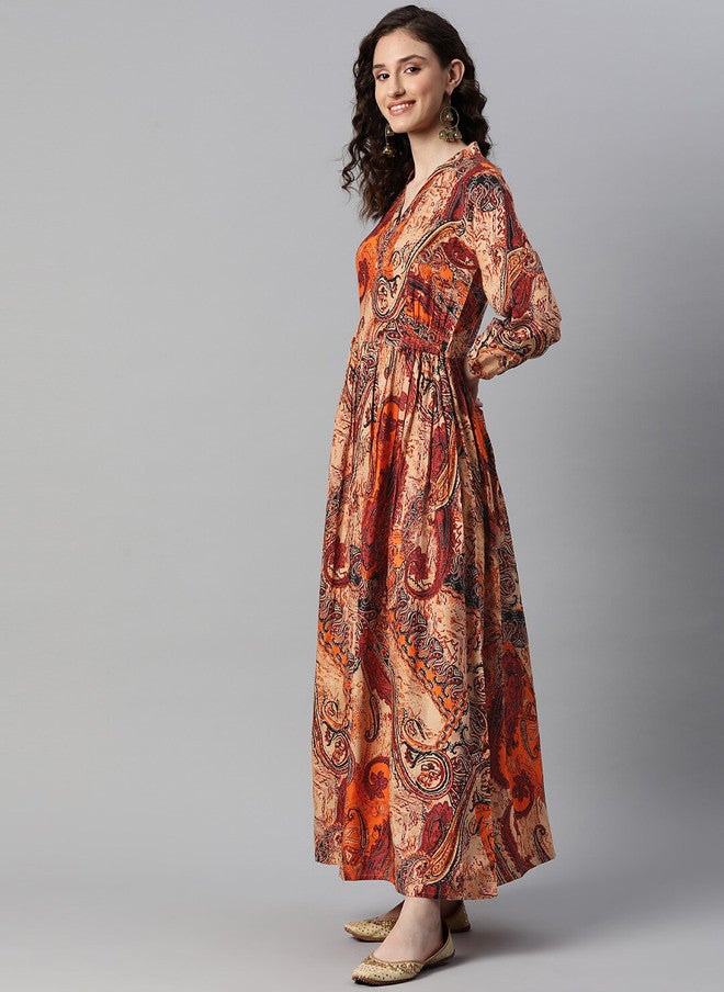 Indibelle Ethnic Motifs Printed Gathered Detailed Maxi Ethnic Dress - Image 3