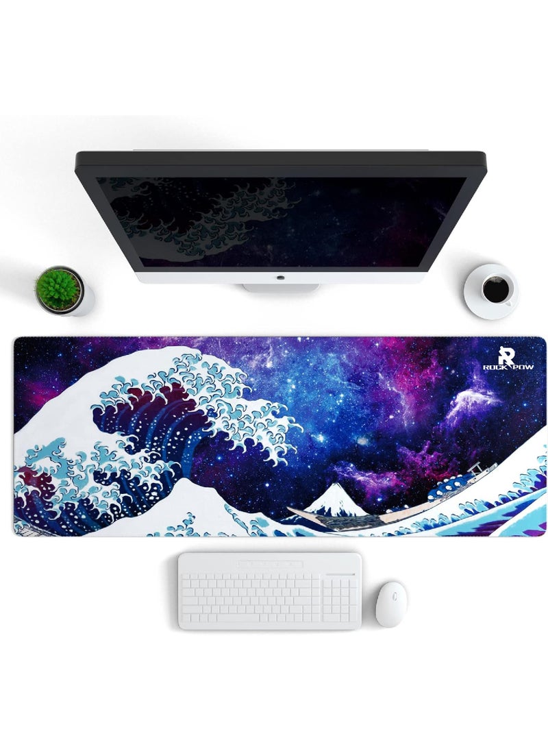 Rock Pow - Large Gaming Mouse Pad with Stitched Edges, Japanese Great Wave Desk Mat, Extended XL Mousepad with Anti-Slip Base, Cool Anime Desk Pad for Keyboard and Mouse 800X300X3MM - Image 1