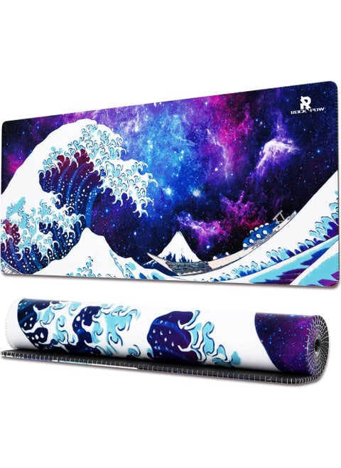 Large Gaming Mouse Pad with Stitched Edges, Japanese Great Wave Desk Mat, Extended XL Mousepad with Anti-Slip Base, Cool Anime Desk Pad for Keyboard and Mouse 800X300X3MM