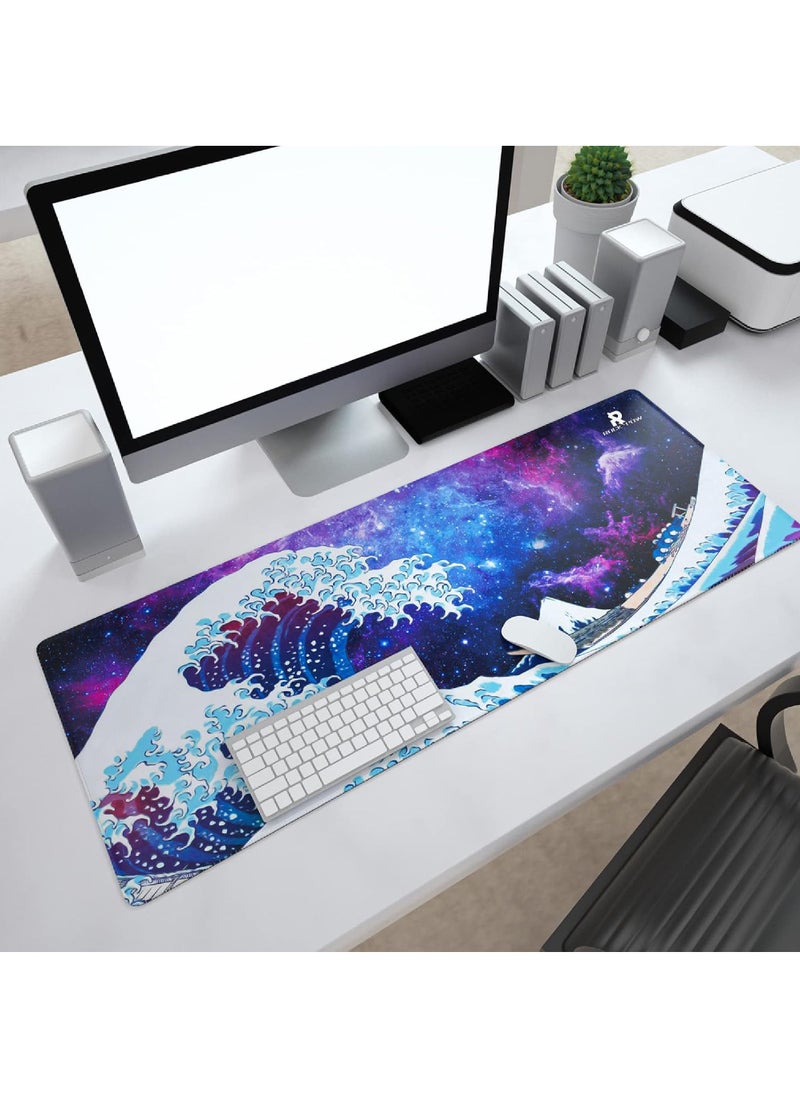 Rock Pow - Large Gaming Mouse Pad with Stitched Edges, Japanese Great Wave Desk Mat, Extended XL Mousepad with Anti-Slip Base, Cool Anime Desk Pad for Keyboard and Mouse 800X300X3MM - Image 1
