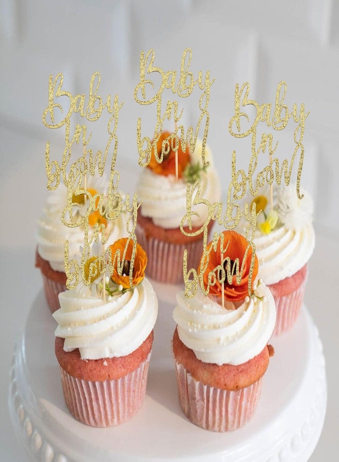 YOUAME Baby In Bloom Cupcake Toppers - Glittered Paper Baby Shower Cake Decoration, Pregnancy Announcement Cup Cake Picks, 12 PCS Glitter Gold Baby In Bloom Toppers, Party Photo Props - Image 3