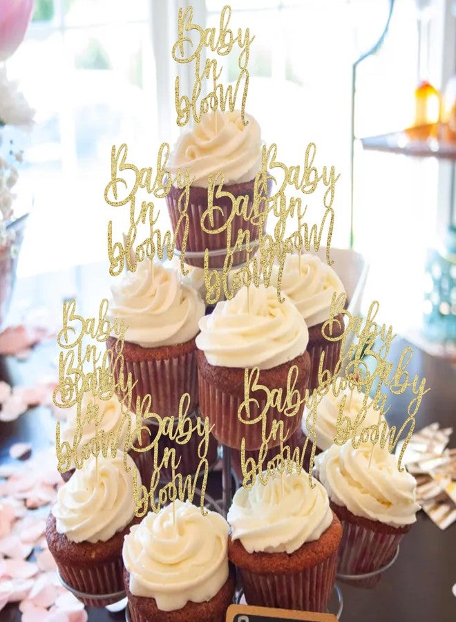 YOUAME Baby In Bloom Cupcake Toppers - Glittered Paper Baby Shower Cake Decoration, Pregnancy Announcement Cup Cake Picks, 12 PCS Glitter Gold Baby In Bloom Toppers, Party Photo Props - Image 4