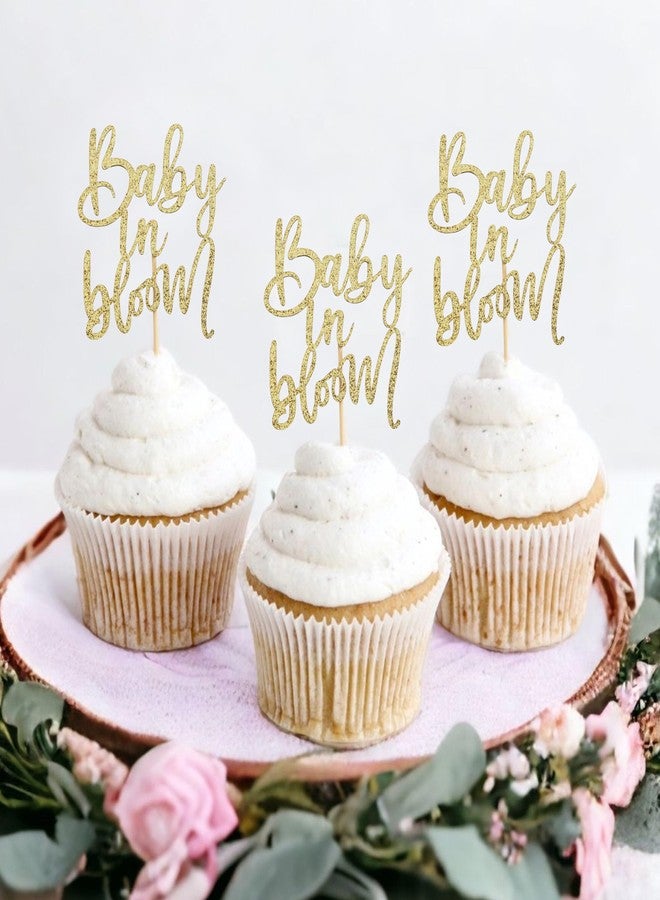 YOUAME Baby In Bloom Cupcake Toppers - Glittered Paper Baby Shower Cake Decoration, Pregnancy Announcement Cup Cake Picks, 12 PCS Glitter Gold Baby In Bloom Toppers, Party Photo Props - Image 1