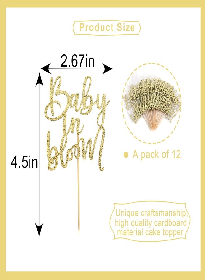 YOUAME Baby In Bloom Cupcake Toppers - Glittered Paper Baby Shower Cake Decoration, Pregnancy Announcement Cup Cake Picks, 12 PCS Glitter Gold Baby In Bloom Toppers, Party Photo Props - Image 2