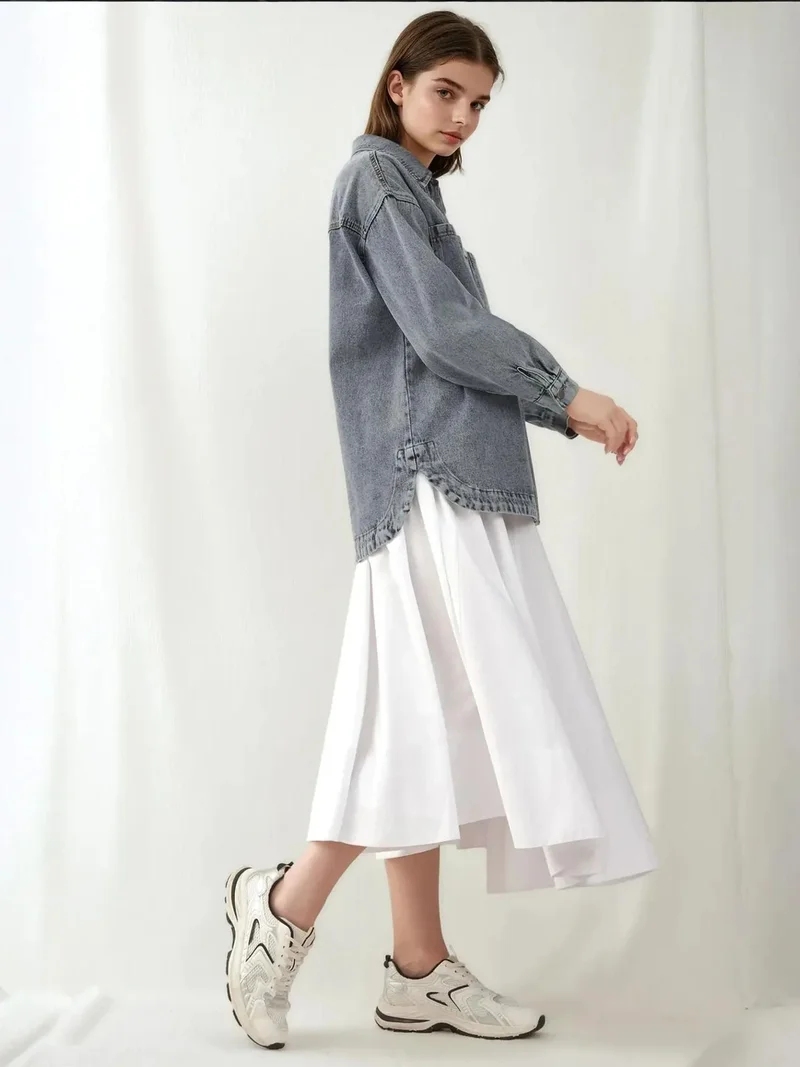 Big Dart Ice Blue BDART Oversized Denim Jacket with Shirt Collar and Pockets for Women | Best Price UAE