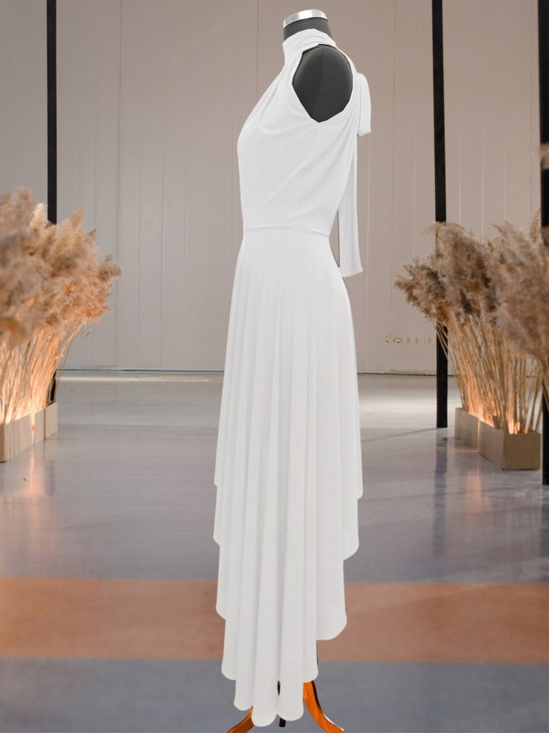 White Asymmetrical Skirted Backless Flared Dress